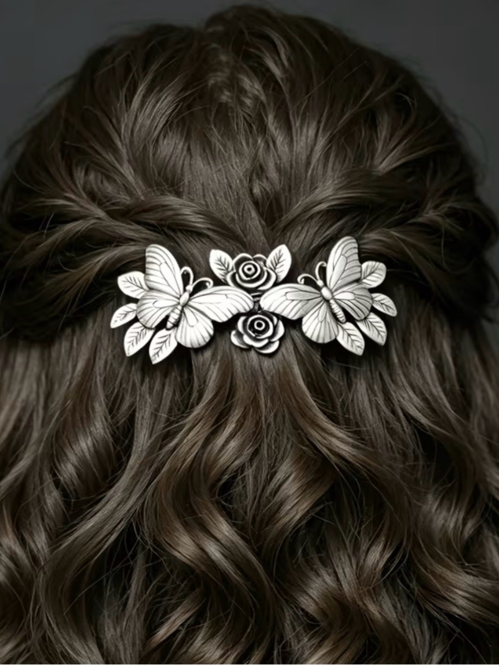 Silver Butterfly & Rose Hair Barrette